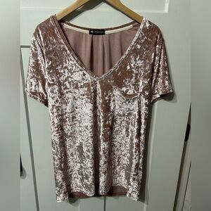 Crushed Velvet Blouse Large Rose Pink Pocket Short Sleeve Flowy  V Neck